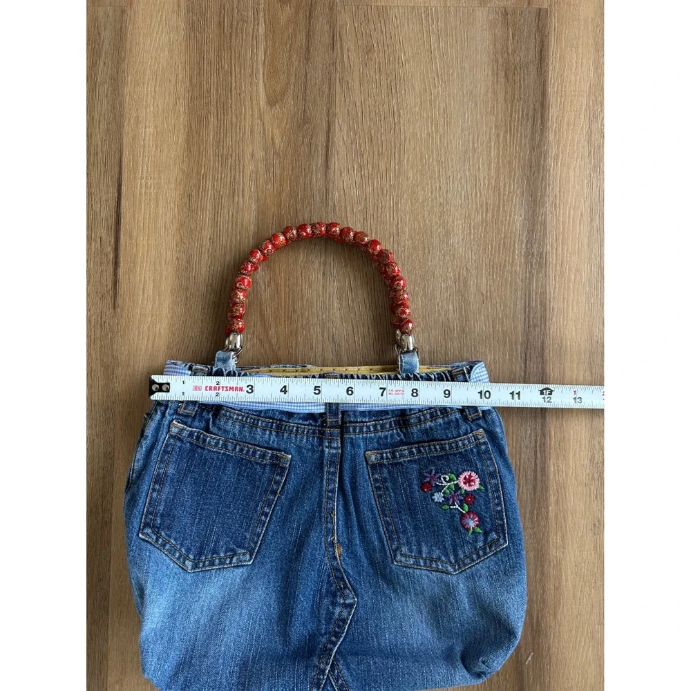 Vintage Denim jean Handbag‎ Handmade Y2K Embroidered Beaded top Handle Bag
